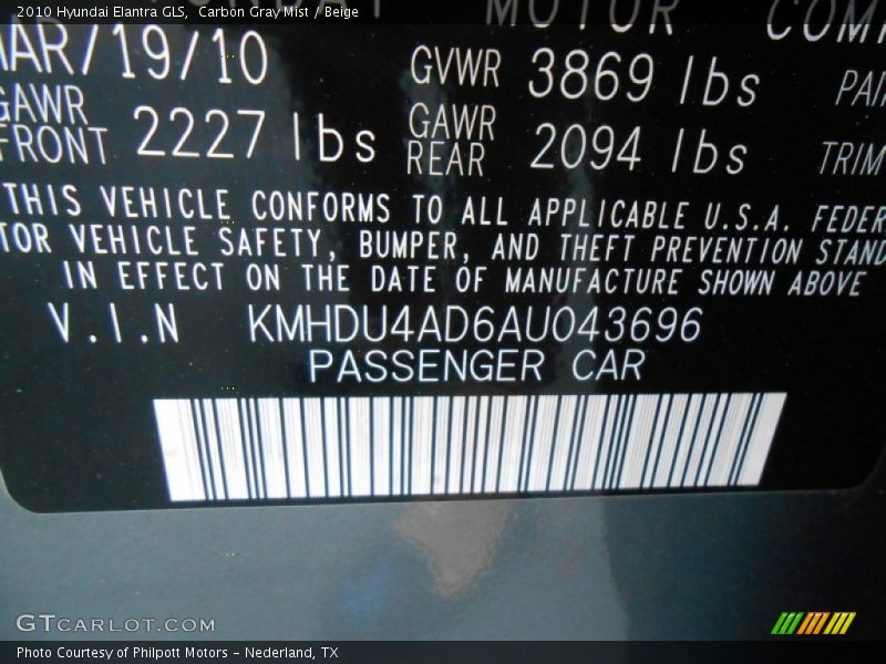 Carbon Gray Mist / Beige 2010 Hyundai Elantra GLS