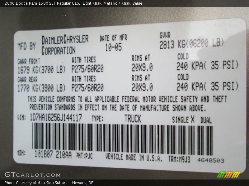 2006 Ram 1500 SLT Regular Cab Light Khaki Metallic Color Code PJC