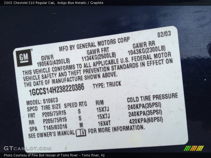 Indigo Blue Metallic / Graphite 2003 Chevrolet S10 Regular Cab