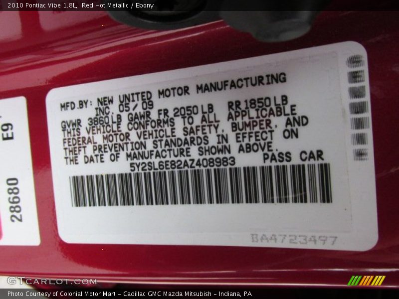 Red Hot Metallic / Ebony 2010 Pontiac Vibe 1.8L