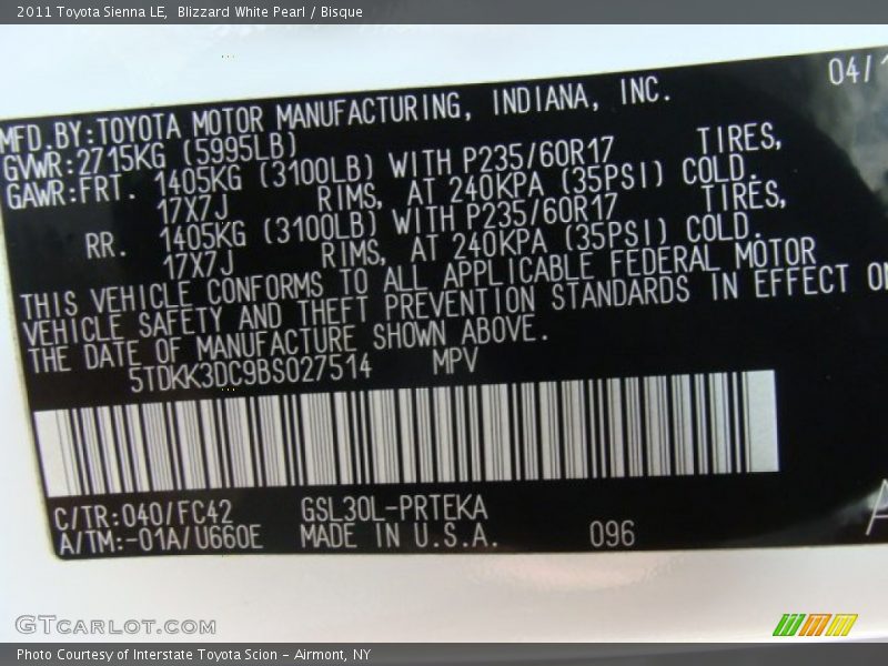 Blizzard White Pearl / Bisque 2011 Toyota Sienna LE