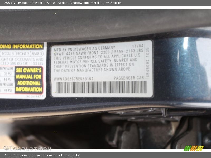 Shadow Blue Metallic / Anthracite 2005 Volkswagen Passat GLS 1.8T Sedan
