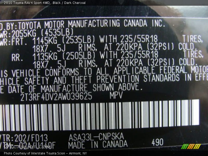 Black / Dark Charcoal 2010 Toyota RAV4 Sport 4WD