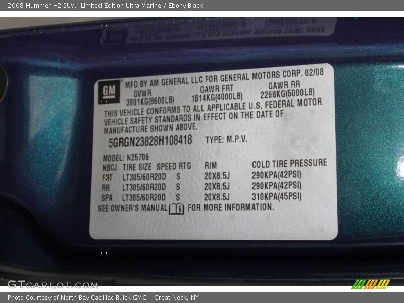 Info Tag of 2008 H2 SUV