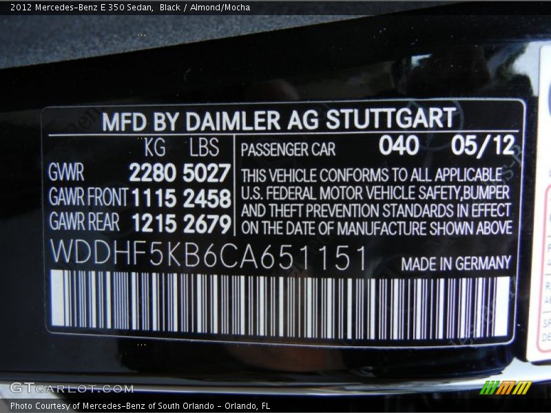 2012 E 350 Sedan Black Color Code 040