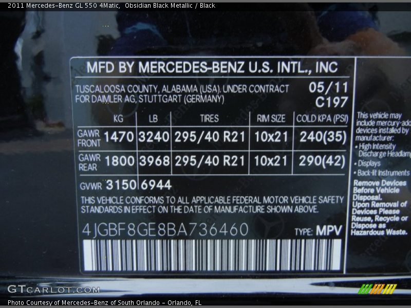 2011 GL 550 4Matic Obsidian Black Metallic Color Code 197