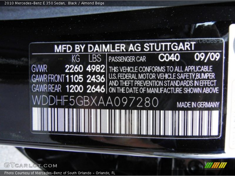 2010 E 350 Sedan Black Color Code 040