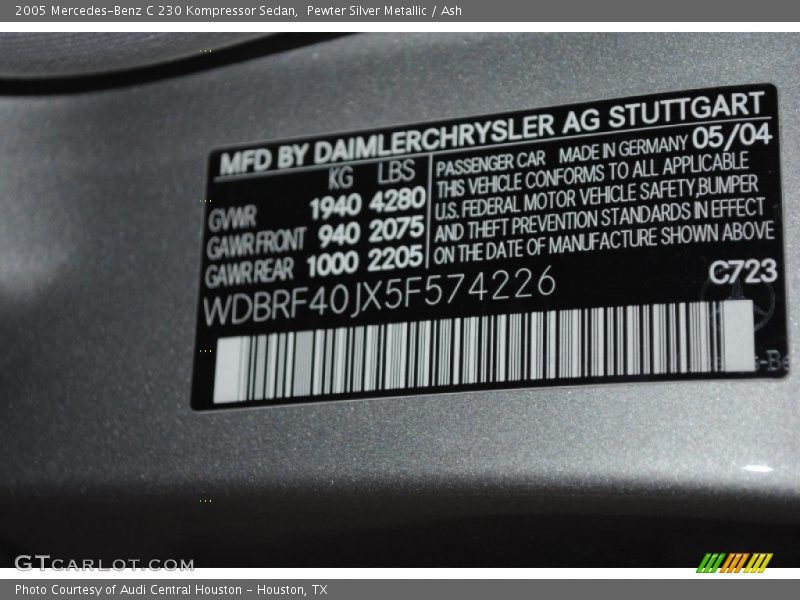 2005 C 230 Kompressor Sedan Pewter Silver Metallic Color Code 723