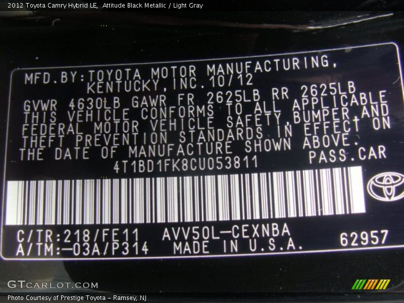 Attitude Black Metallic / Light Gray 2012 Toyota Camry Hybrid LE