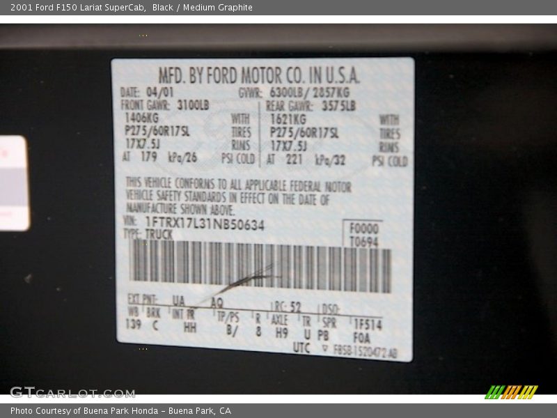 2001 F150 Lariat SuperCab Black Color Code UA
