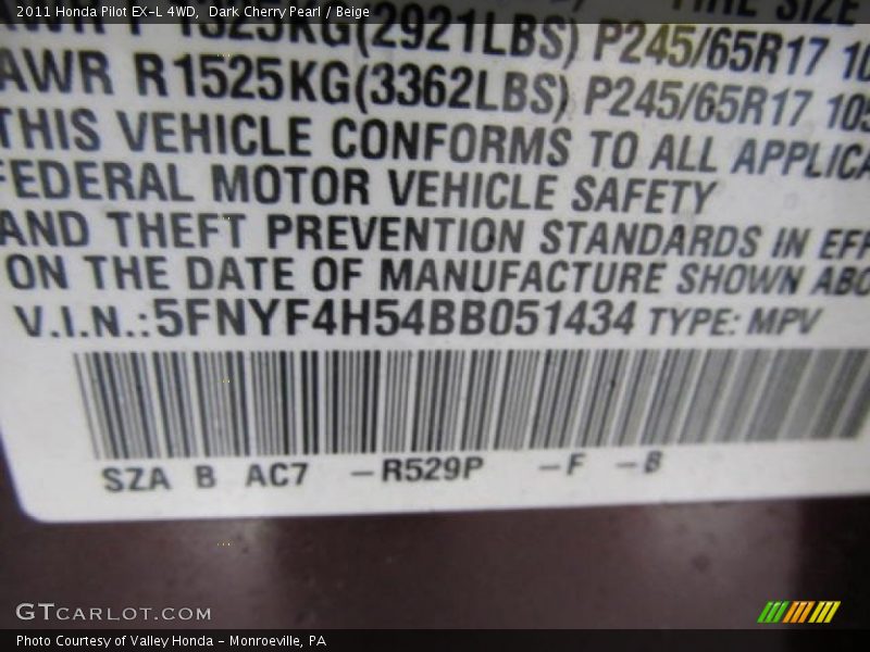 Dark Cherry Pearl / Beige 2011 Honda Pilot EX-L 4WD