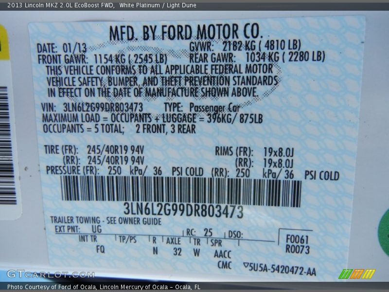 2013 MKZ 2.0L EcoBoost FWD White Platinum Color Code UG