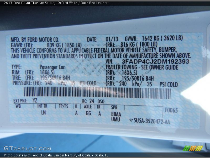 2013 Fiesta Titanium Sedan Oxford White Color Code YZ
