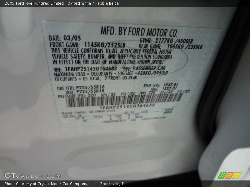 Oxford White / Pebble Beige 2005 Ford Five Hundred Limited