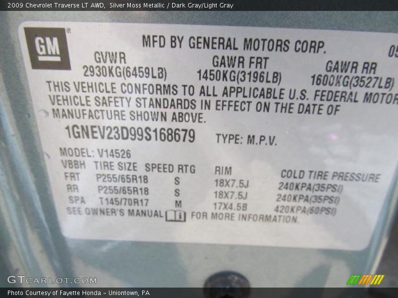 Silver Moss Metallic / Dark Gray/Light Gray 2009 Chevrolet Traverse LT AWD