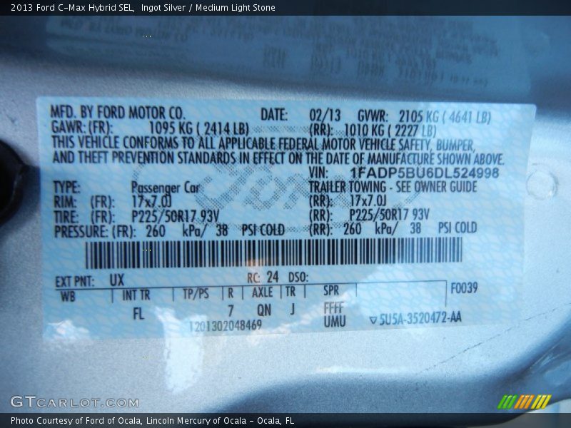 2013 C-Max Hybrid SEL Ingot Silver Color Code UX