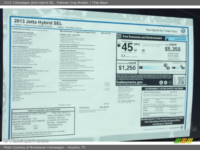 Platinum Gray Metallic / Titan Black 2013 Volkswagen Jetta Hybrid SEL
