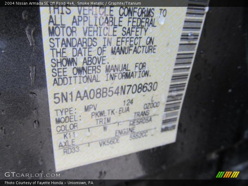 2004 Armada SE Off Road 4x4 Smoke Metallic Color Code K11