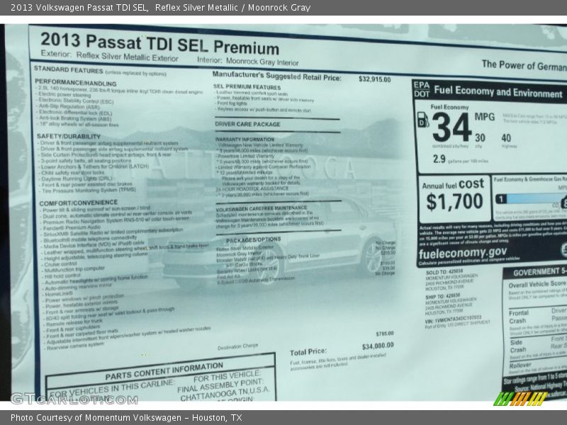  2013 Passat TDI SEL Window Sticker