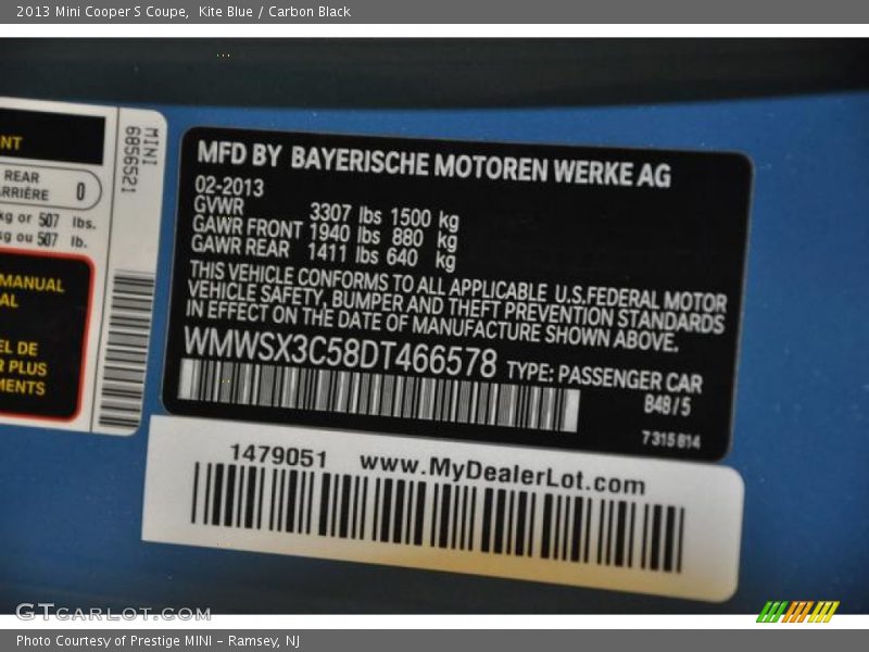Kite Blue / Carbon Black 2013 Mini Cooper S Coupe