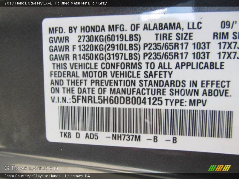 Polished Metal Metallic / Gray 2013 Honda Odyssey EX-L