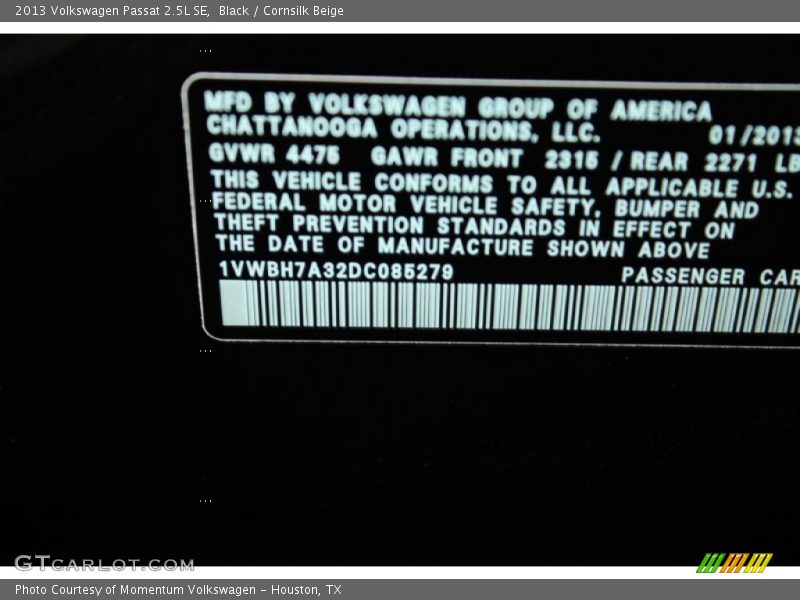 Black / Cornsilk Beige 2013 Volkswagen Passat 2.5L SE