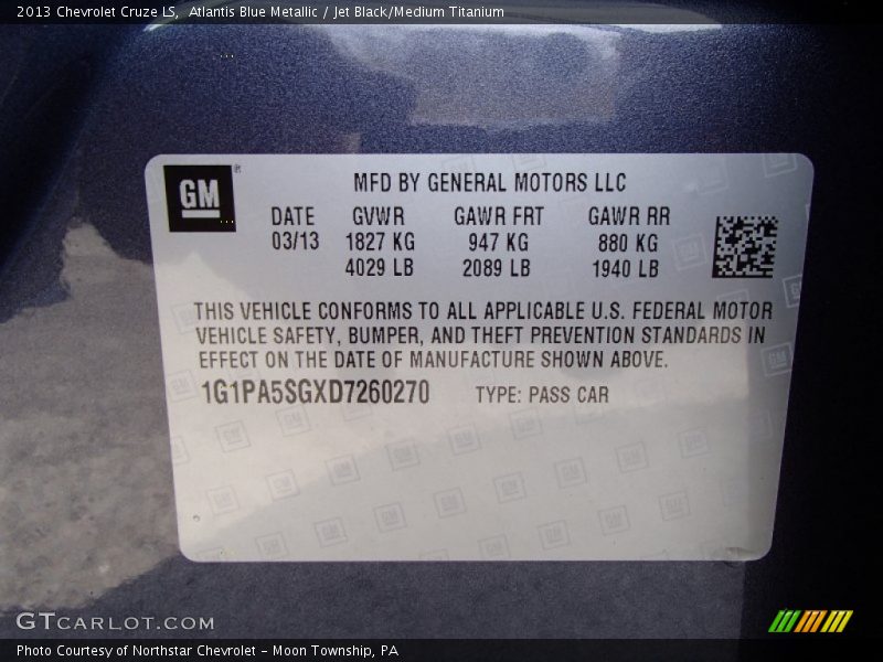 Atlantis Blue Metallic / Jet Black/Medium Titanium 2013 Chevrolet Cruze LS