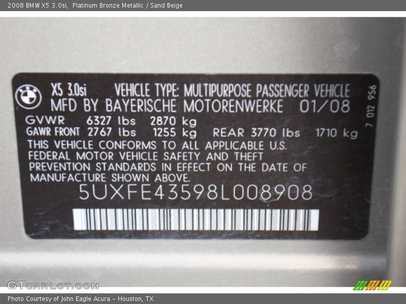 Platinum Bronze Metallic / Sand Beige 2008 BMW X5 3.0si