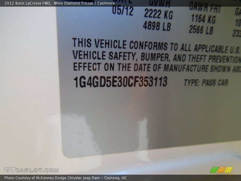 White Diamond Tricoat / Cashmere 2012 Buick LaCrosse FWD