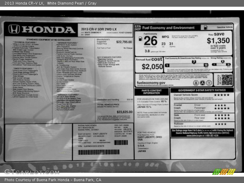 White Diamond Pearl / Gray 2013 Honda CR-V LX