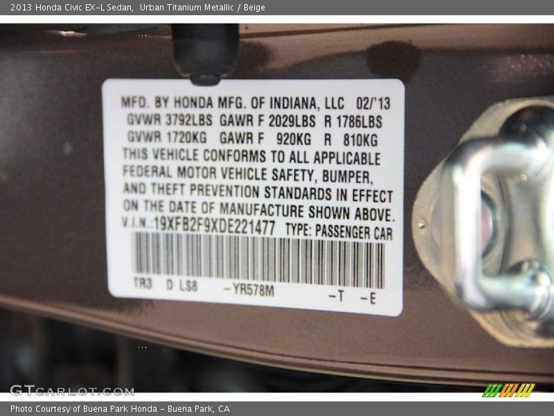 Urban Titanium Metallic / Beige 2013 Honda Civic EX-L Sedan