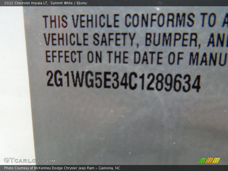 Summit White / Ebony 2012 Chevrolet Impala LT