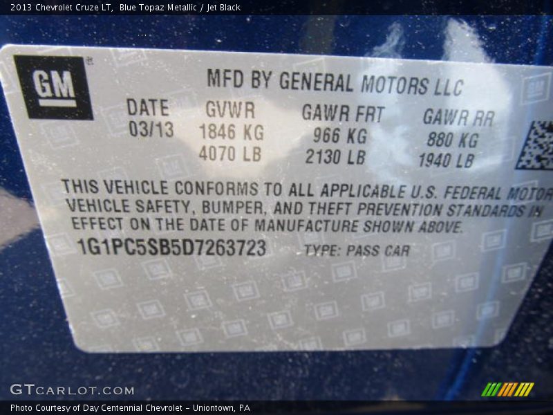 Blue Topaz Metallic / Jet Black 2013 Chevrolet Cruze LT