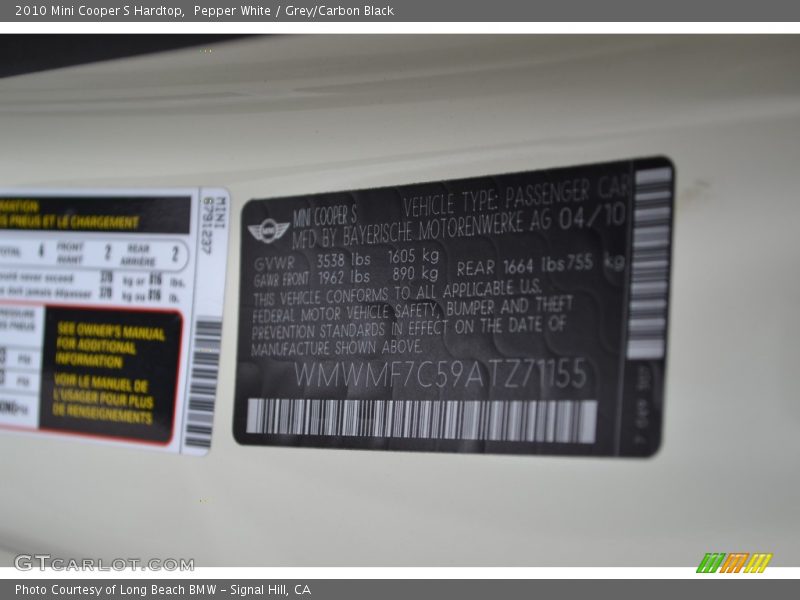 Pepper White / Grey/Carbon Black 2010 Mini Cooper S Hardtop