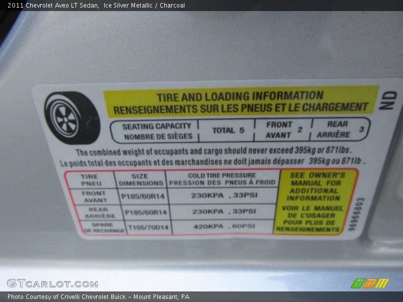Info Tag of 2011 Aveo LT Sedan