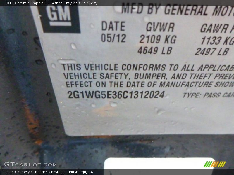 Ashen Gray Metallic / Gray 2012 Chevrolet Impala LT