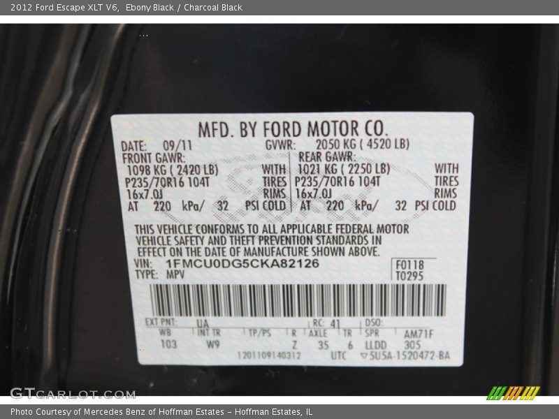 Ebony Black / Charcoal Black 2012 Ford Escape XLT V6