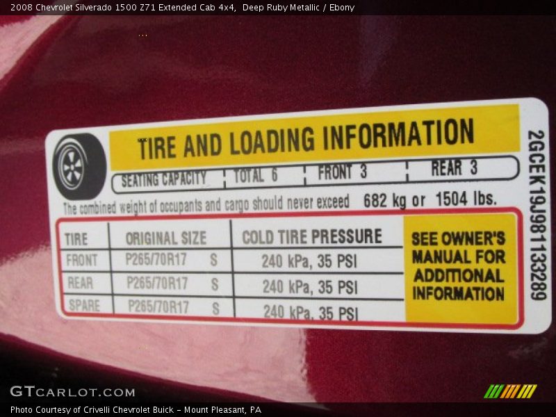 Info Tag of 2008 Silverado 1500 Z71 Extended Cab 4x4