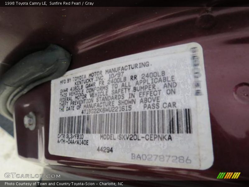 Sunfire Red Pearl / Gray 1998 Toyota Camry LE