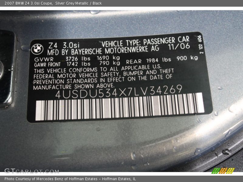 Info Tag of 2007 Z4 3.0si Coupe
