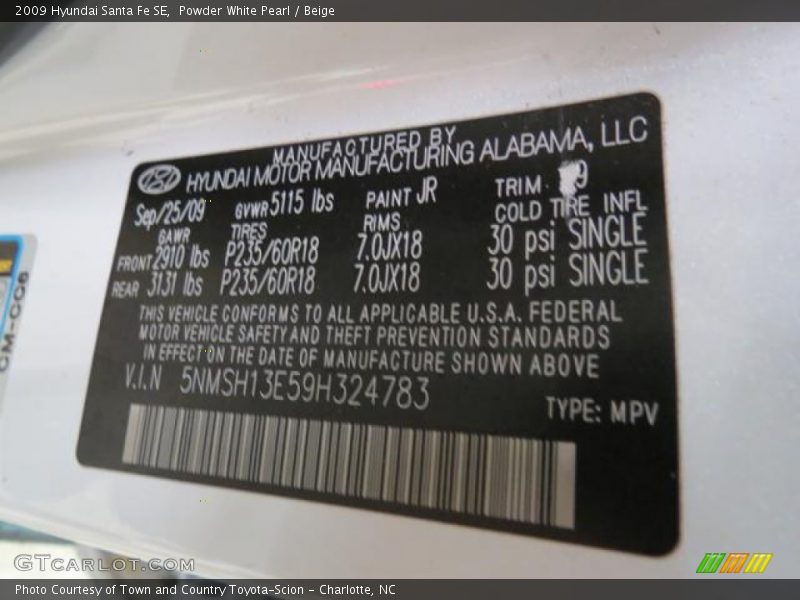 Powder White Pearl / Beige 2009 Hyundai Santa Fe SE
