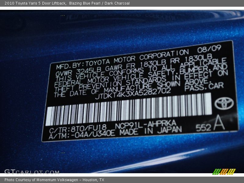 Blazing Blue Pearl / Dark Charcoal 2010 Toyota Yaris 5 Door Liftback