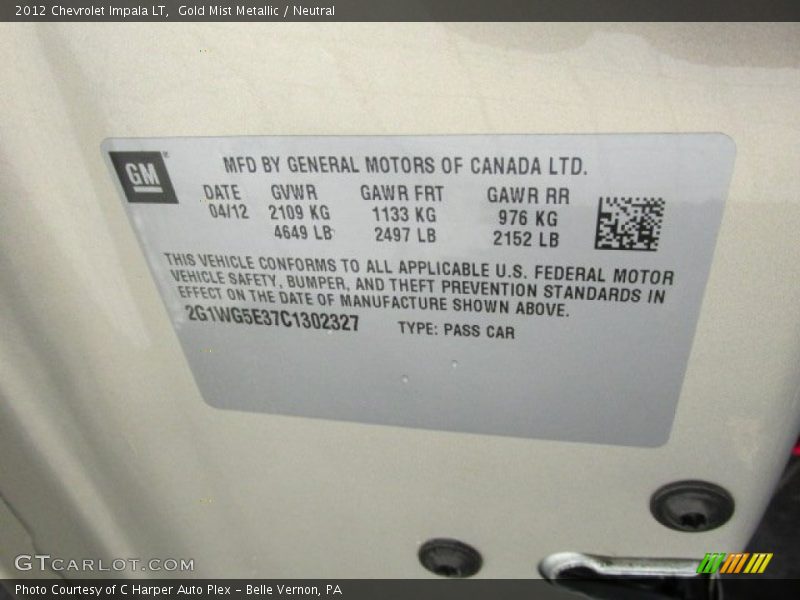 Gold Mist Metallic / Neutral 2012 Chevrolet Impala LT