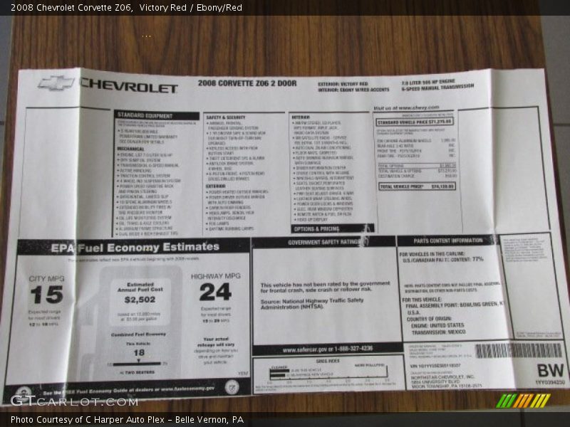  2008 Corvette Z06 Window Sticker