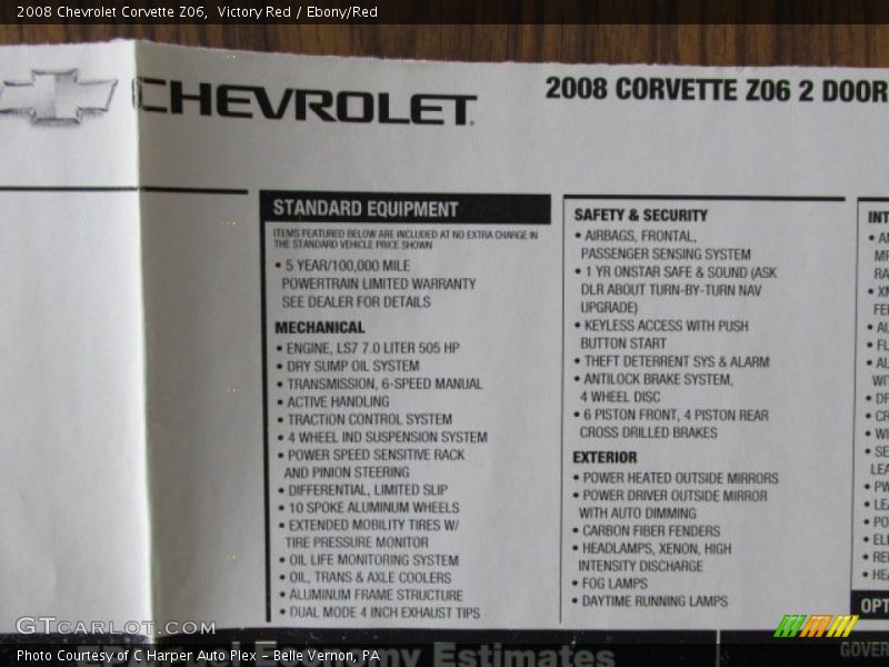  2008 Corvette Z06 Window Sticker