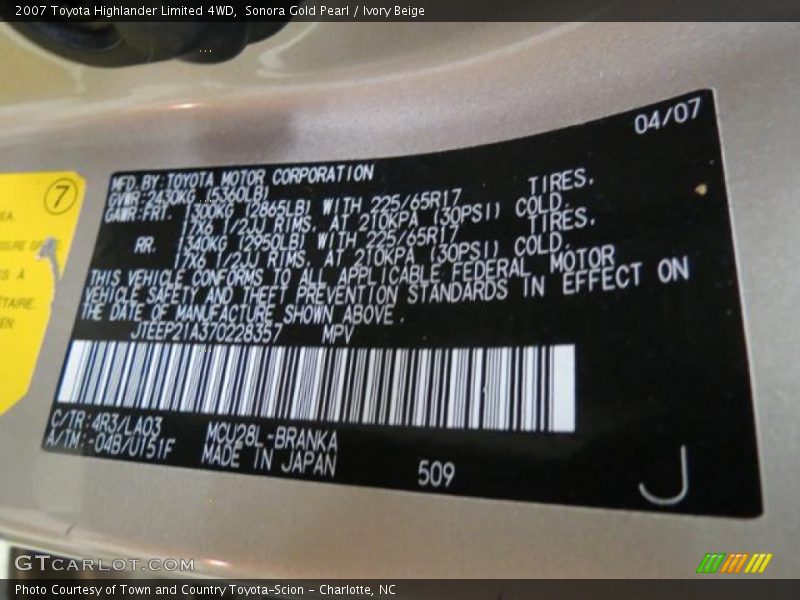 Sonora Gold Pearl / Ivory Beige 2007 Toyota Highlander Limited 4WD