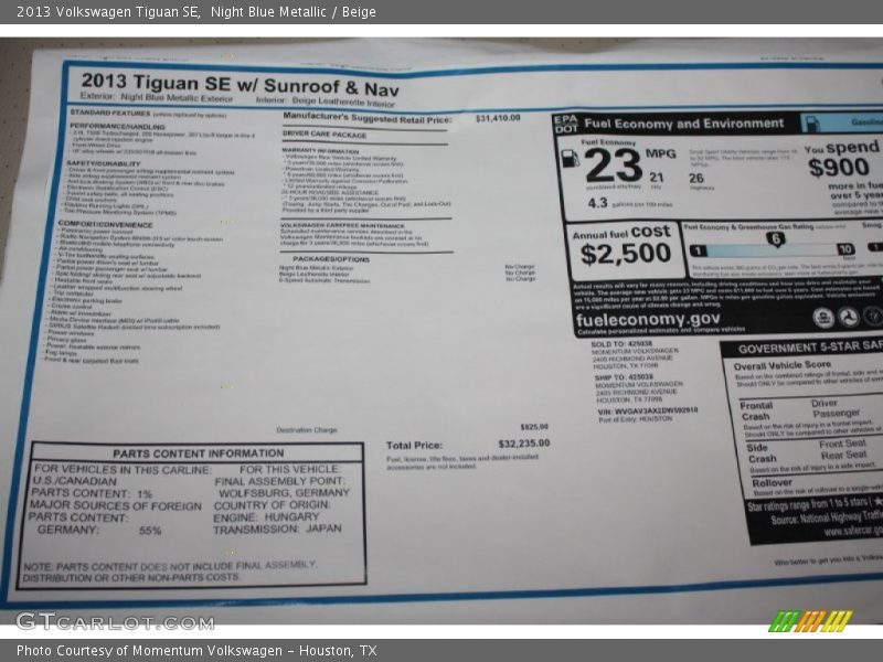 Night Blue Metallic / Beige 2013 Volkswagen Tiguan SE