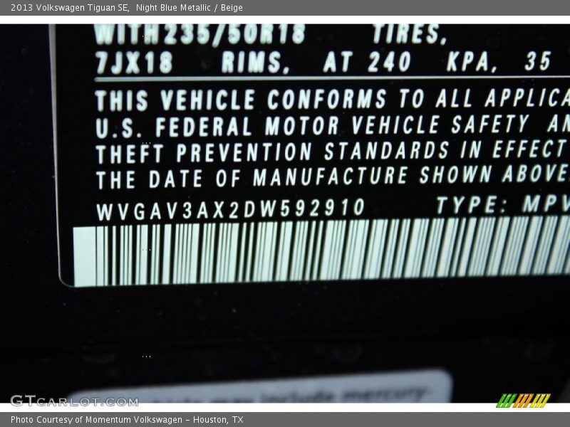 Night Blue Metallic / Beige 2013 Volkswagen Tiguan SE