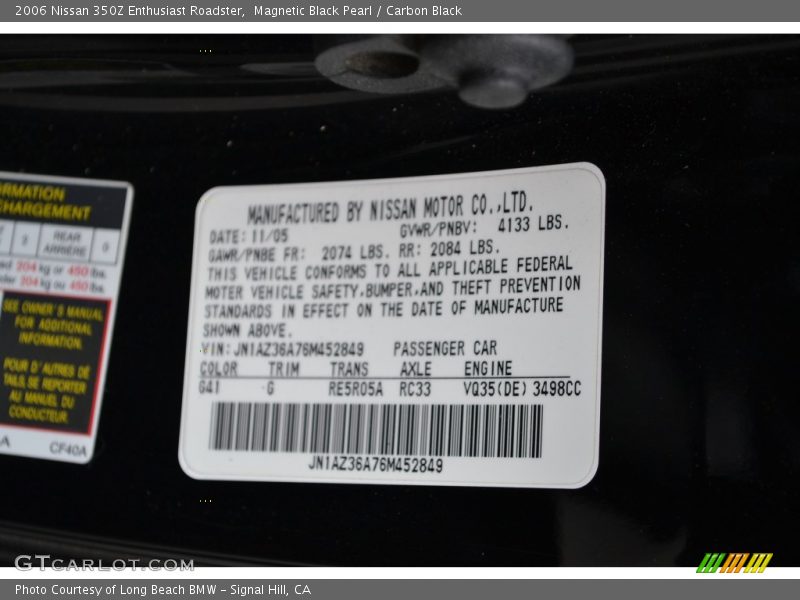 2006 350Z Enthusiast Roadster Magnetic Black Pearl Color Code G41