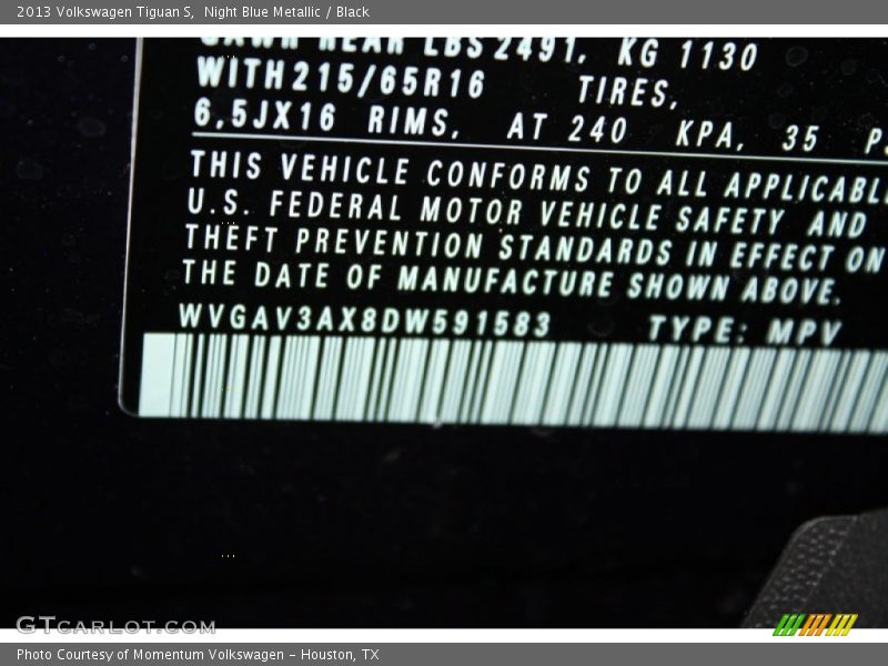 Night Blue Metallic / Black 2013 Volkswagen Tiguan S
